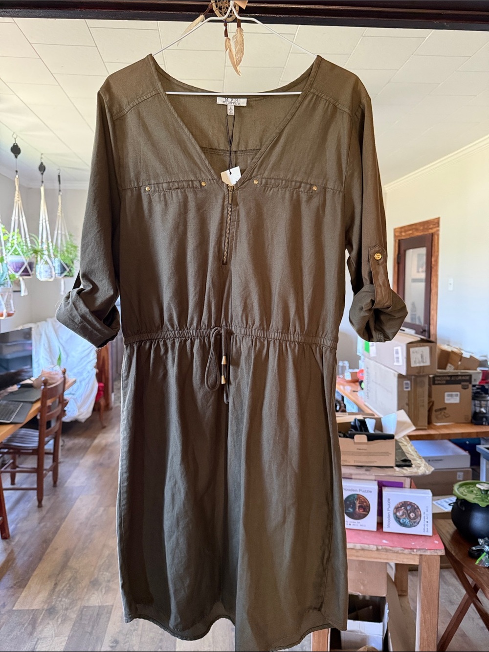 Casual Olive Drawstring Waist Shirt Dress